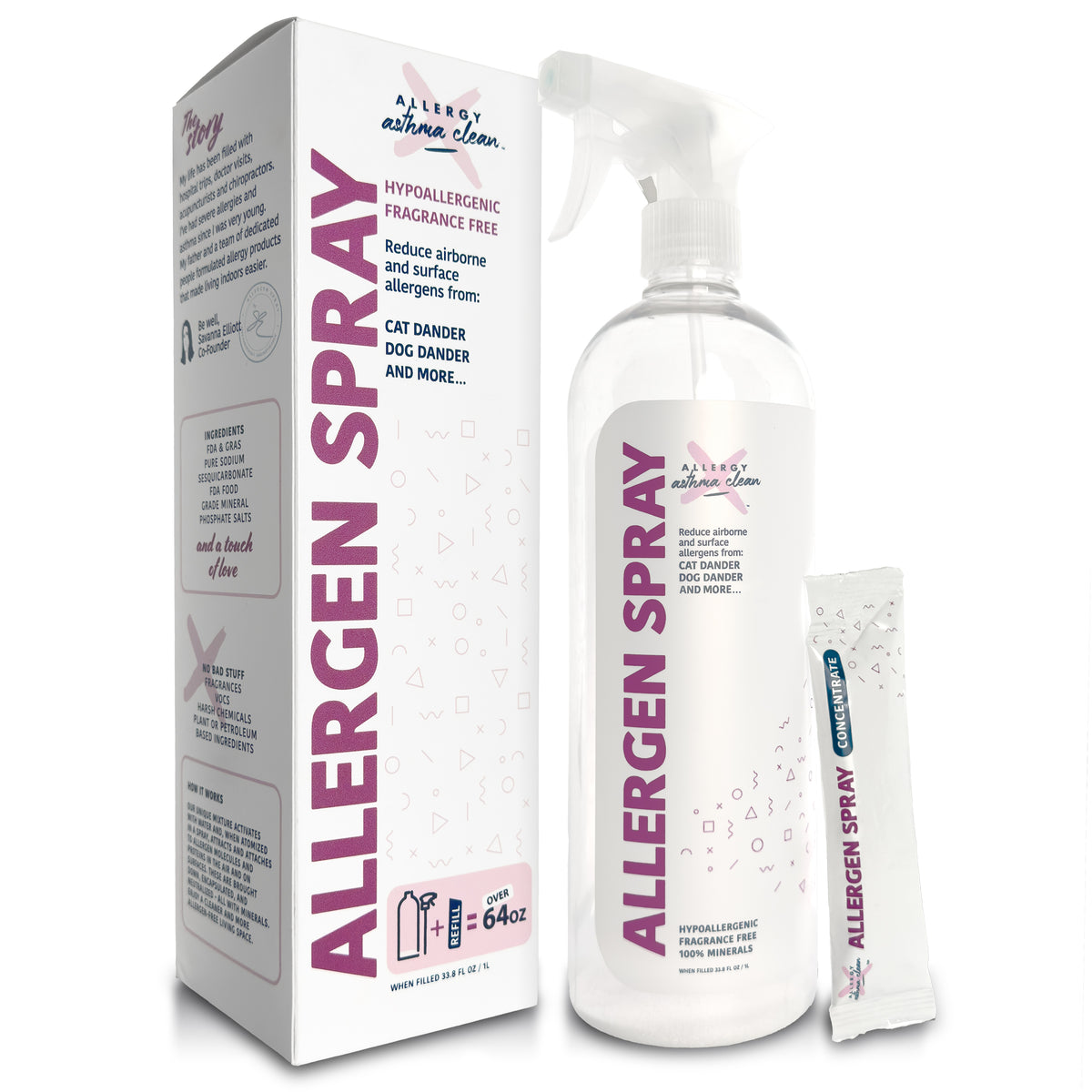Allergy Asthma Clean Allergen Spray bottle and box with one refill packet