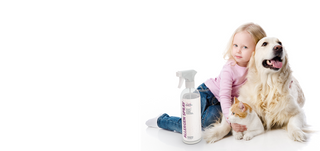 allergy asthma clean allergen spray bottle next to young girl and dog