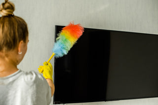 women dusting tv
