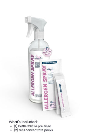allergen spray bundle with text 1 bottle 33.8oz prefilled 2 refill concentrate packs