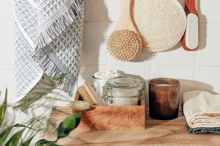 photo of a bunch of cleaning products in a kitchen setting 