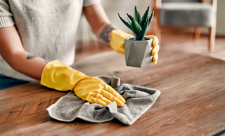 photo of a person wearing yellow gloves dusting a table cloth while holding a plant in the left hand