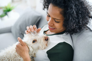 women holding white dog in arms on couch