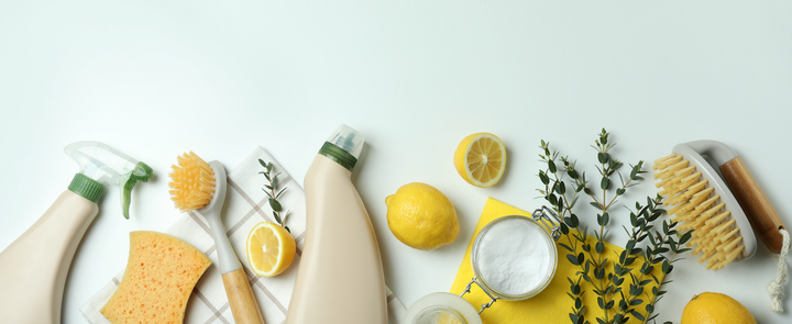 photo of green cleaning products lemons and plants laying on a light blue background
