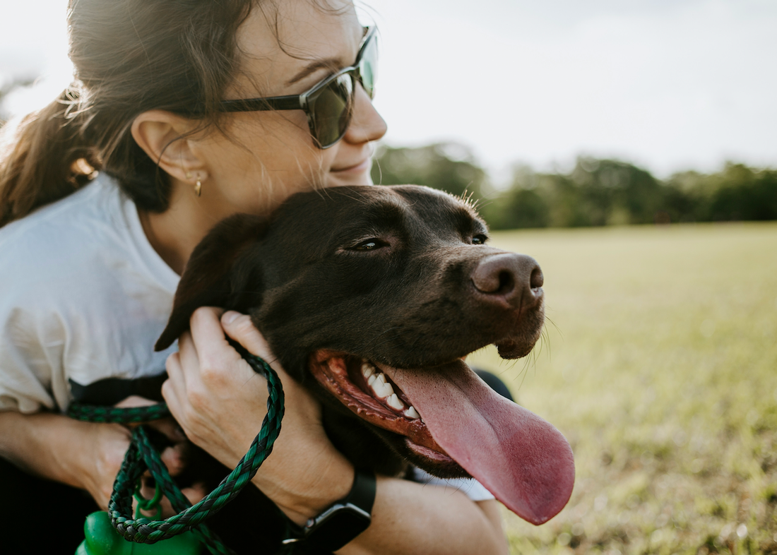 photo of a women holding her chocolate lab outside