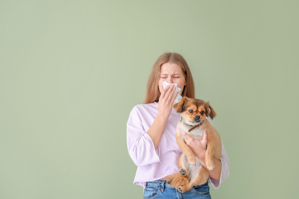 women holding dog while sneezing into a tissue on a light green background