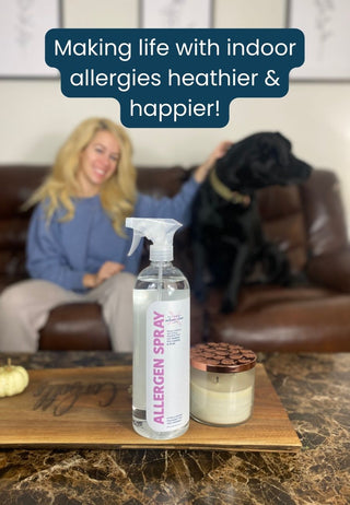women with dog on couch by the allergen spray bottle with text making life with indoor allergies healthier & happier!